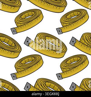 Seamless vector pattern of coiled yellow measuring tapes with black markings. Stock Vector