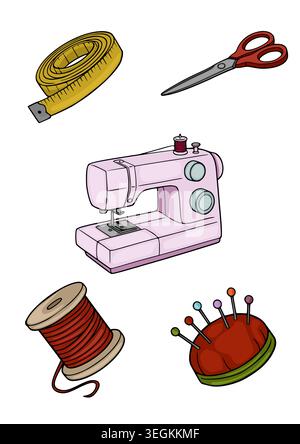 Cute vector illustration poster of sewing supplies including a sewing machine, thread, scissors, measuring tape, and pincushion. Stock Vector