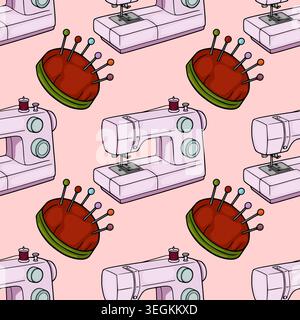 Seamless vector pattern of cute pink sewing machines and colorful pin cushions on a soft pink background. Stock Vector