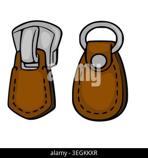 Brown leather zipper pull with metal ring, vector illustration Stock Vector