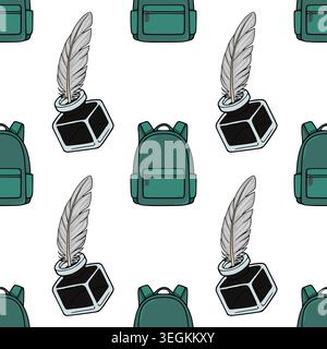 Seamless vector pattern of vintage inkwells with feather quills and modern backpacks Stock Vector