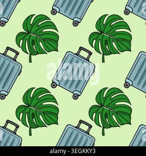 Seamless vector pattern of blue suitcases and green monstera leaves on a light green background Stock Vector