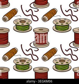 Seamless vector pattern of vintage wooden spools with red and green threads, isolated on white background. Stock Vector