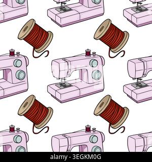 Seamless pink sewing machine and red thread spool vector pattern illustration Stock Vector