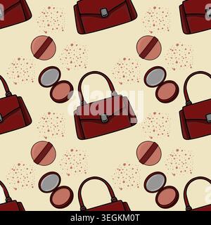 Seamless vector pattern of stylish red handbags and makeup compacts with blush, on a soft beige background with scattered dots. Stock Vector