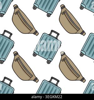 Seamless vector pattern of travel luggage and waist bags, perfect for travel-themed designs and backgrounds. Stock Vector