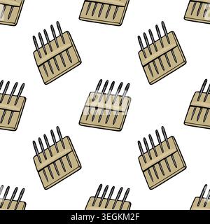 Seamless vector pattern of sewing needles in a wooden holder, sewing supplies illustration Stock Vector