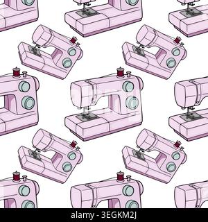 Seamless pattern of cute pink sewing machines with spools of thread, vector illustration Stock Vector