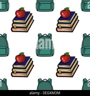 Seamless vector pattern of stacked books with a red apple and teal backpacks Stock Vector