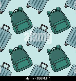 Seamless vector pattern of teal backpacks and light blue suitcases, travel illustration Stock Vector