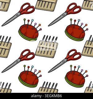 Seamless sewing pattern vector with scissors, pincushions, and needles Stock Vector