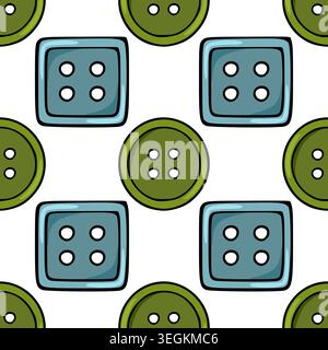 Seamless vector pattern of cute cartoon sewing buttons, square and round shapes, green and blue colors, simple hand-drawn illustration Stock Vector