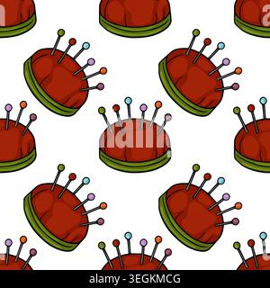 Seamless vector pattern of colorful pins in a red pincushion illustration Stock Vector