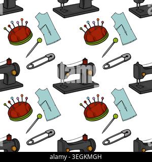 Seamless vector pattern of sewing machine, pincushion, pins, safety pin, and dress form pattern pieces Stock Vector