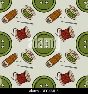 Seamless vector pattern of colorful thread spools and green buttons with needles, perfect for sewing and textile design Stock Vector