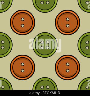 Seamless vector pattern of charming orange and green buttons with four holes, on a muted beige background. Stock Vector