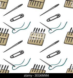 Seamless vector pattern of sewing needles, safety pins, and thread on white background Stock Vector
