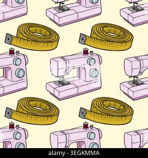 Cute pink sewing machine and measuring tape seamless pattern vector illustration Stock Vector
