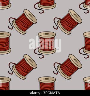 Seamless vector pattern of vintage red thread spools on a grey background Stock Vector