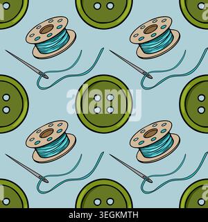 Seamless vector pattern of green buttons and blue thread spools with needles on a light blue background Stock Vector