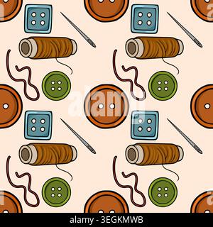 Seamless vector pattern of sewing supplies including spools of thread, needles, and colorful buttons. Stock Vector
