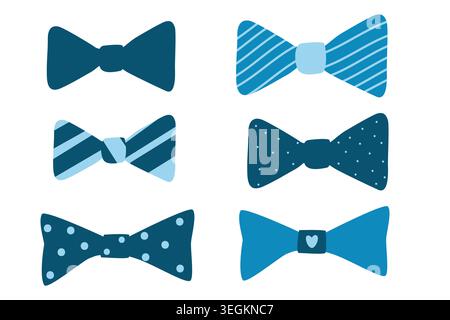 Set of blue bowtie icon. Flat illustration isolated on transparent background. Man accessories, silhouette of bowtie. Can used for Father's Day cards and banners. Stock Vector