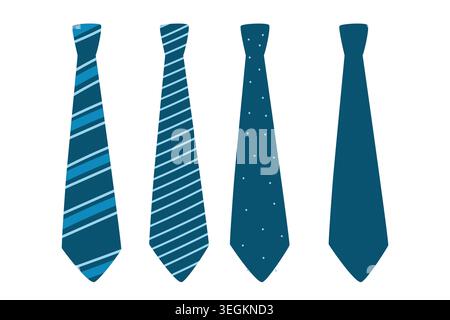 Vector set of blue tie icon. Necktie silhouettes isolated on white. Vector illustration for Father Day designs. Stock Vector