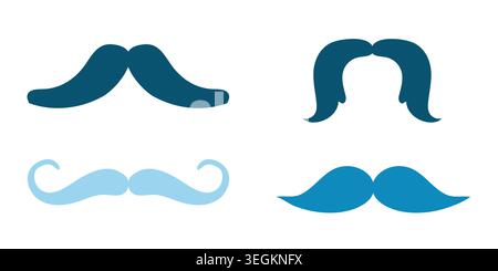 Blue mustache icon set. Man accessories collection in flat style. Mustache silhouette icon set. Stock Vector