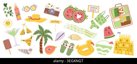 Cartoon summer vacation essentials set. Swim accessories, tropical fruits and ice cream. Travel summer tropical icons in cartoon retro style. Stock Vector