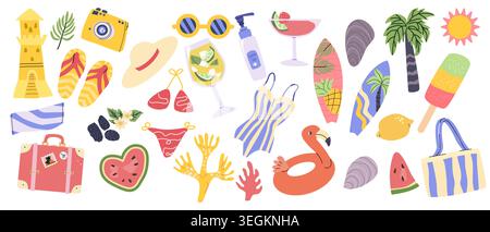 Cartoon Seaside beach elements set. Summer vacation icons in retro style. Camera, suitcase, swim wears, ice cream and other items. Stock Vector