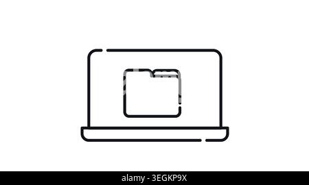 Laptop file management icon: portable notebook computer with folder symbol on screen, minimalist black line art vector illustration for data organizat Stock Vector