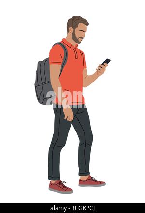 Man walks, phone in hand, backpack on shoulder Stock Vector