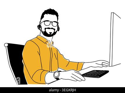 Business Man wears headset working at computer Stock Vector
