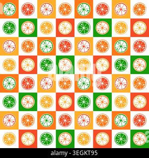 Citrus colorful seamless pattern on checkered background with lemon, lime, orange and grapefruit. Vector design. Stock Vector