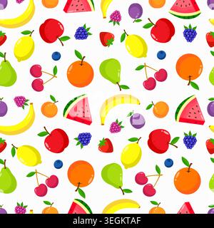Fruits and berries colorful seamless pattern on white background. Vector design. Stock Vector
