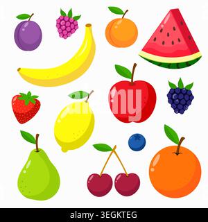 Fruits and berries colorful set with apple, orange, pear, watermelon, plum, cherry, apricot, blueberry, raspberry, lemon, banana, blackberry and straw Stock Vector