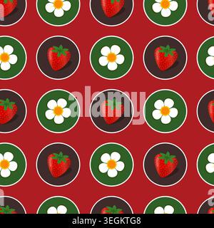 Strawberries and flowers in circles seamless pattern on red background. Vector design. Stock Vector