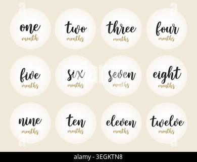 12 months stickers for the first year of the baby's life. Names of numbers. Beige background. Vector design. Stock Vector
