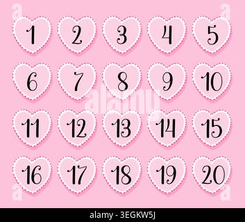 Cute pink hearts with numbers.Vector design. Stock Vector