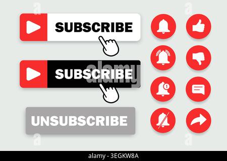 Subscribe set button with hand cursor. Subscription to the social media like video channel, blog and newsletter. Vector design. Stock Vector
