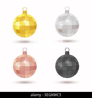 Christmas disco ball set, isolated with sparkles. Golden, silver, pink and black. Vector design. Stock Vector