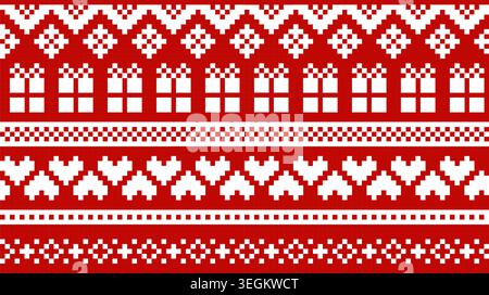Christmas holiday sweater seamless pattern. White ornaments on red background. Vector design. Stock Vector