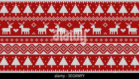 Christmas sweater knitted pattern with deer and trees. White ornament on red background. Vector design. Stock Vector
