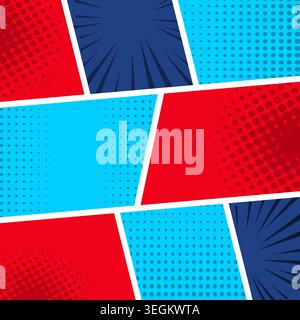 Comic book page template in red, blue and cyan colors.   Vector design. Stock Vector