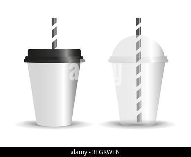 White cup with black lid and straw and transparent cup with straw for ice drinks and cocktails Vector design. Stock Vector