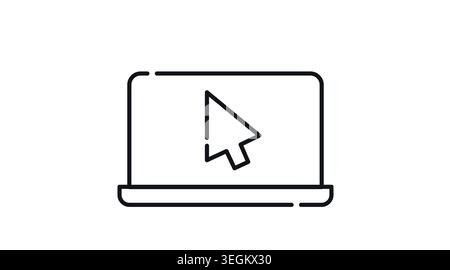 Laptop with mouse cursor icon: portable notebook computer with arrow pointer on screen, minimalist black line art vector illustration. Stock Vector