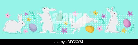 Easter background with rabbits, eggs and flowers. Vector design. Stock Vector