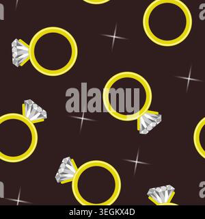 Engagement ring seamless pattern. Golden rings with diamonds. Dark background. Vector design. Stock Vector