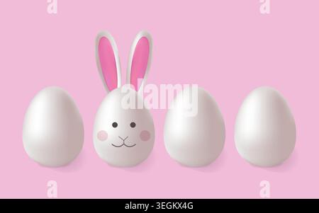 Eggs and rabbit. Set of realistic 3d white eggs and a rabbit egg with ears and face. Vector design. Stock Vector