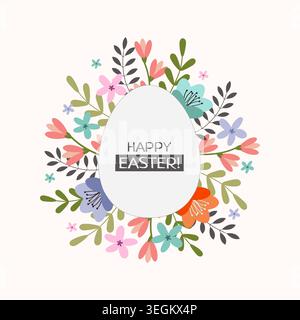 Easter egg and flowers around. Isolated on white background. Vector design. Stock Vector